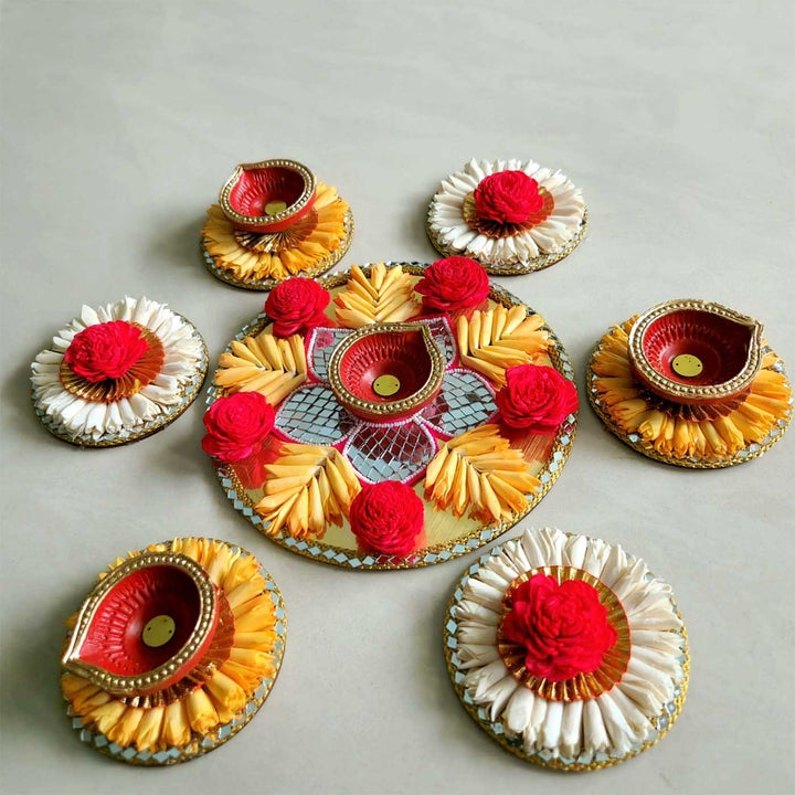 Handmade Sola Flowers With Diya Reusable Rangoli | 1 Center Piece, 3 Side Rangoli Piece And 3 Side Diyas