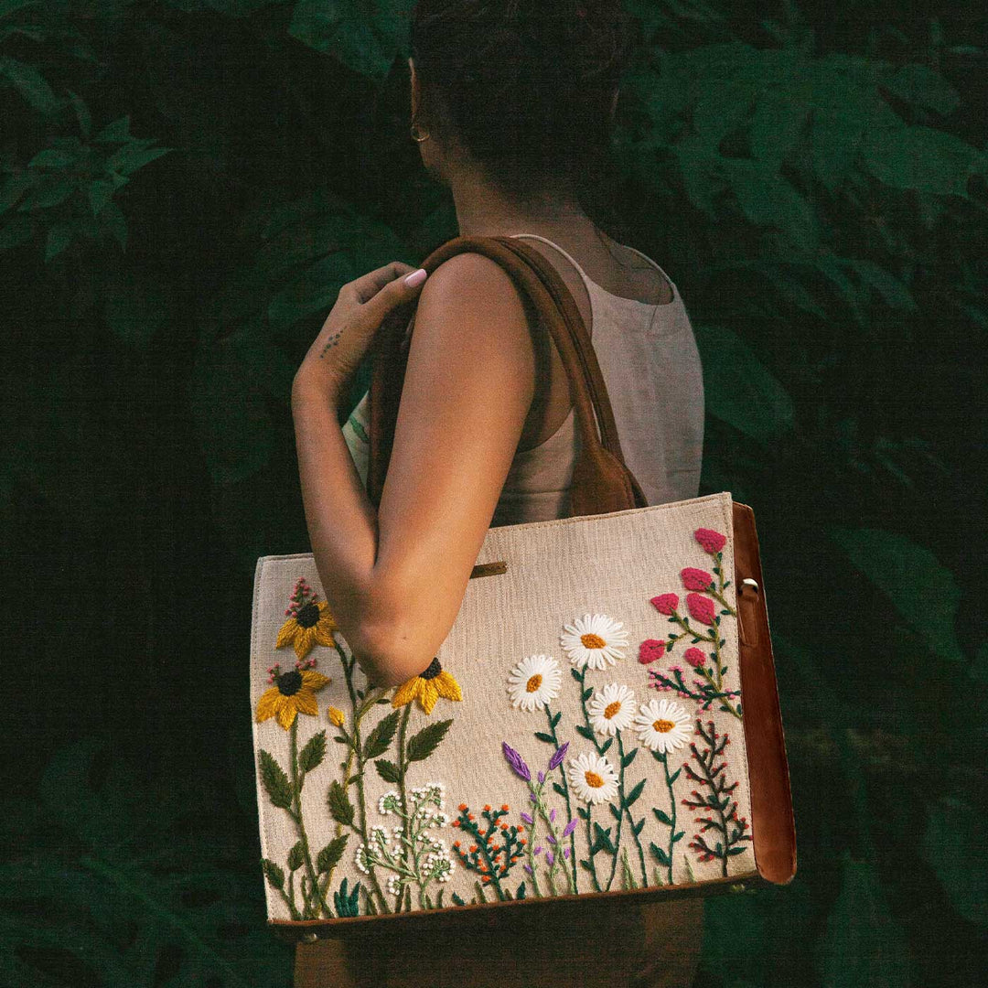Personalized Hand Embroidered Garden Tote Bag