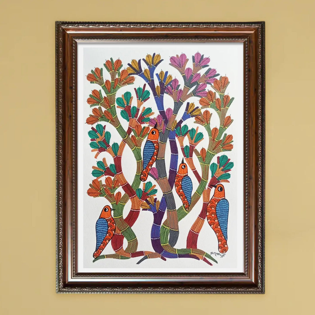 11 x 16 Inch | Birds & Nature | Original Hand Painted Tribal Gond Art Painting | Acrylic Paint On Paper