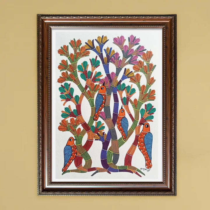 11 x 16 Inch | Birds & Nature | Original Hand Painted Tribal Gond Art Painting | Acrylic Paint On Paper