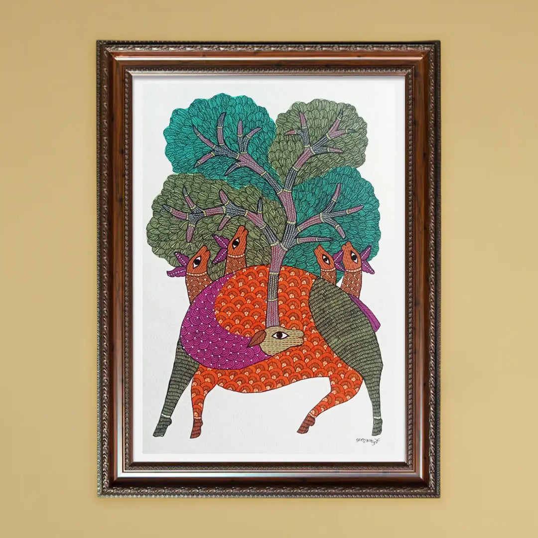 11 x 16 Inch | Deer & Tree of Life | Original Hand Painted Tribal Gond Art Painting | Acrylic Paint On Paper