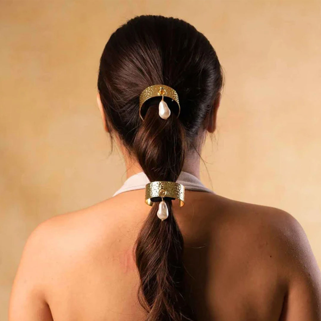 Statement Victoria Pearl & 18k Gold Plated Brass Ponytail Cuff Hair Tie