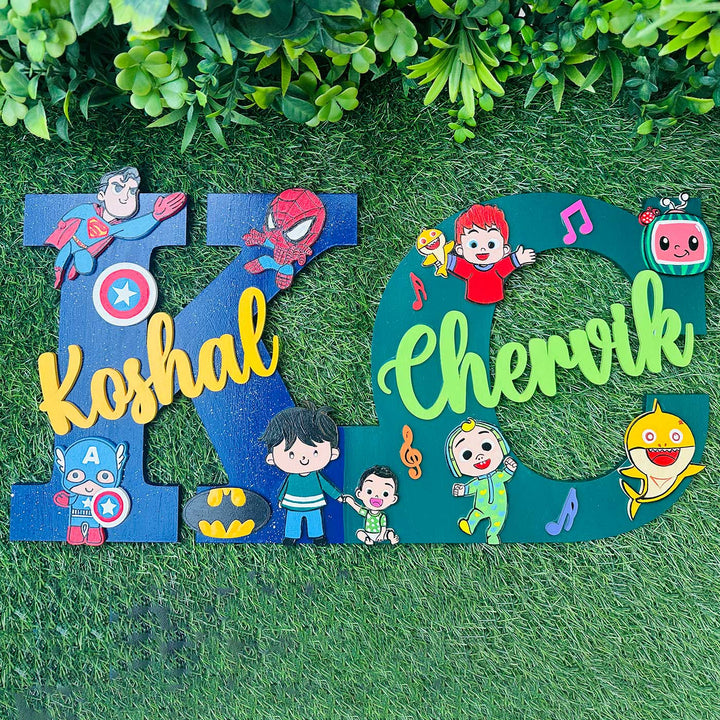 10 inch | Personalized Hand-painted Superhero & Cocomelon Siblings Adventure MDF Wood Monogram With 3D Letters