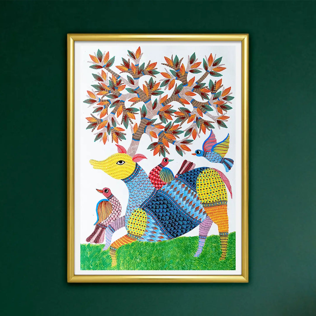 15 x 22 Inch | Deer & Birds | Original Hand Painted Tribal Gond Art Painting | Acrylic Paints On Paper