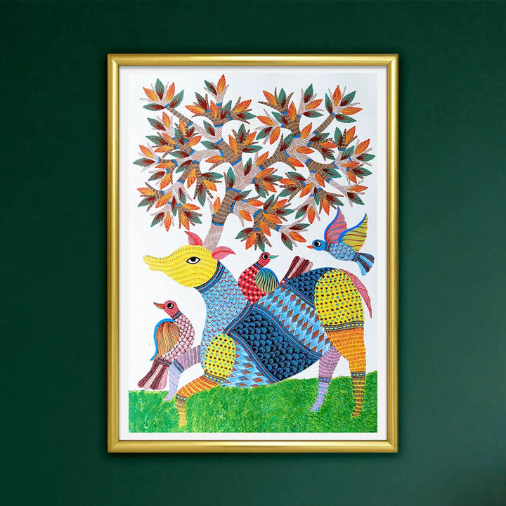 15 x 22 Inch | Deer & Birds | Original Hand Painted Tribal Gond Art Painting | Acrylic Paints On Paper