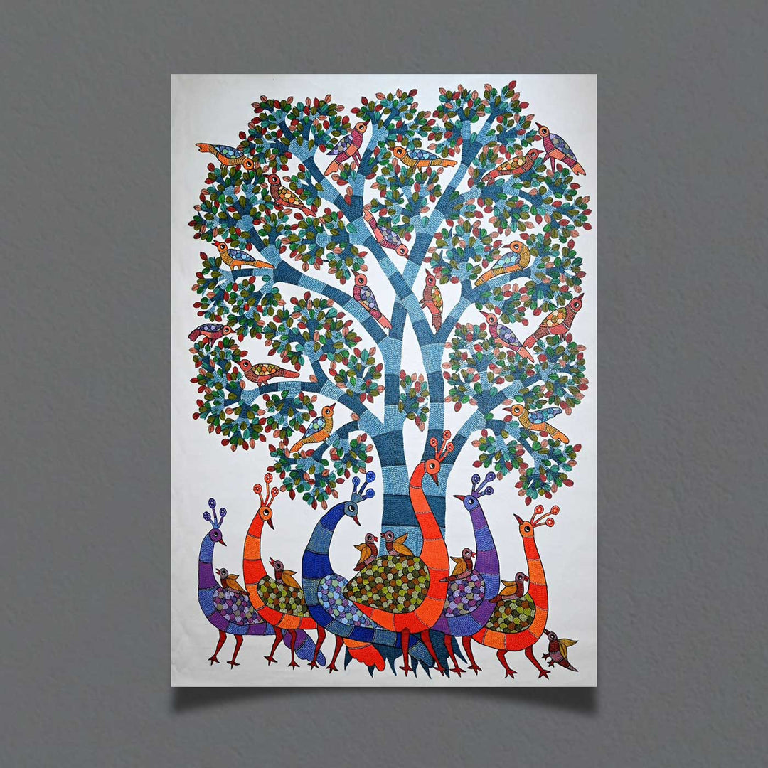 15 x 22 Inch | Under the Tree of Life | Original Hand Painted Tribal Gond Art Painting | Acrylic Paints On Canvas