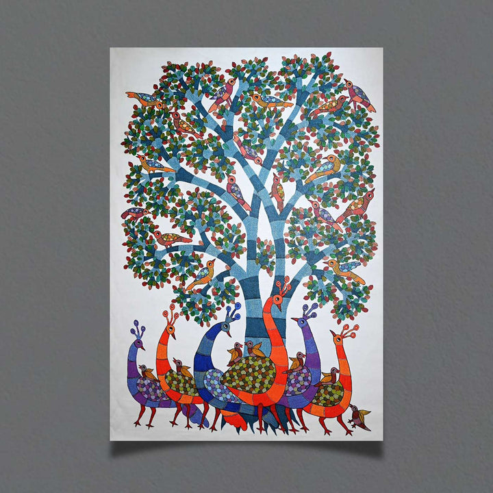 15 x 22 Inch | Under the Tree of Life | Original Hand Painted Tribal Gond Art Painting | Acrylic Paints On Canvas