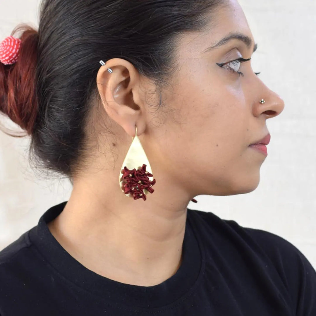 Handmade Textile Art Floral Drop Shaped Dupion Silk Fabric Earrings
