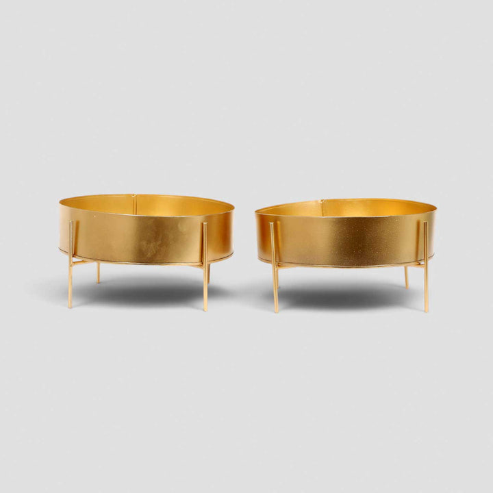Set of 2 | Handmade Gold Etched Round Table Urli With Stand For Festive Decor