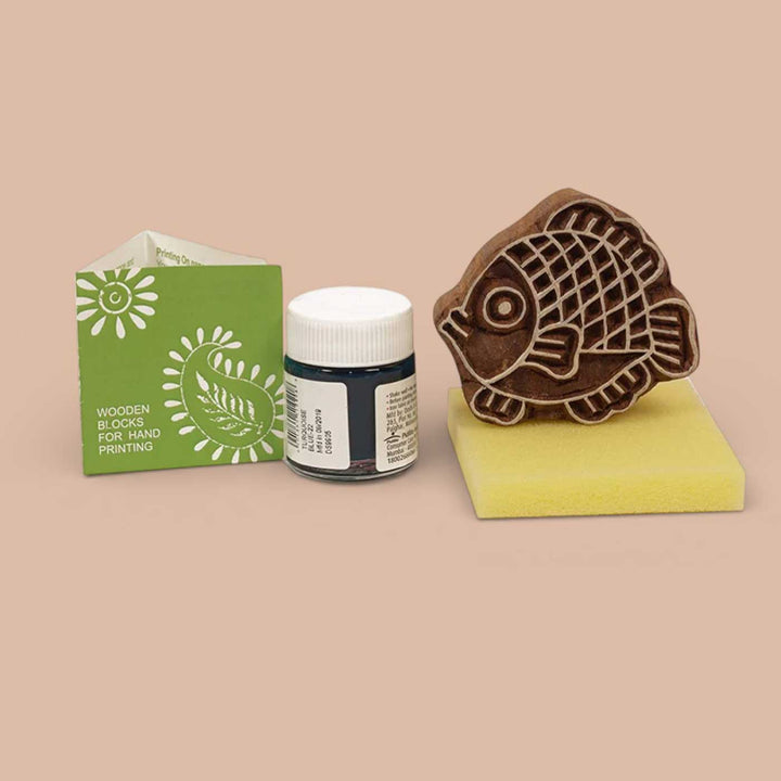 Fish Design T-shirt Block Print DIY Kit | 1 White Cotton T-shirt, 1 Fabric Paint And 1 Wooden Block