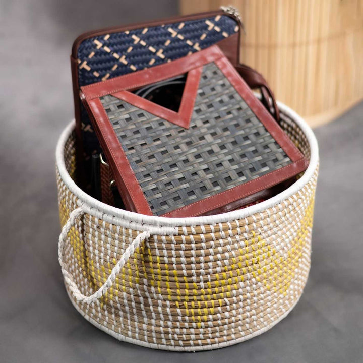Handmade Ecofriendly Grass Woven Wave Design Moonj Storage Basket