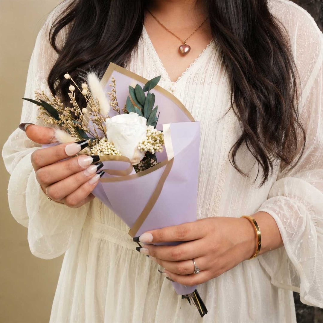 Snow Petal Real White Rose With Dried Flower Bouquet