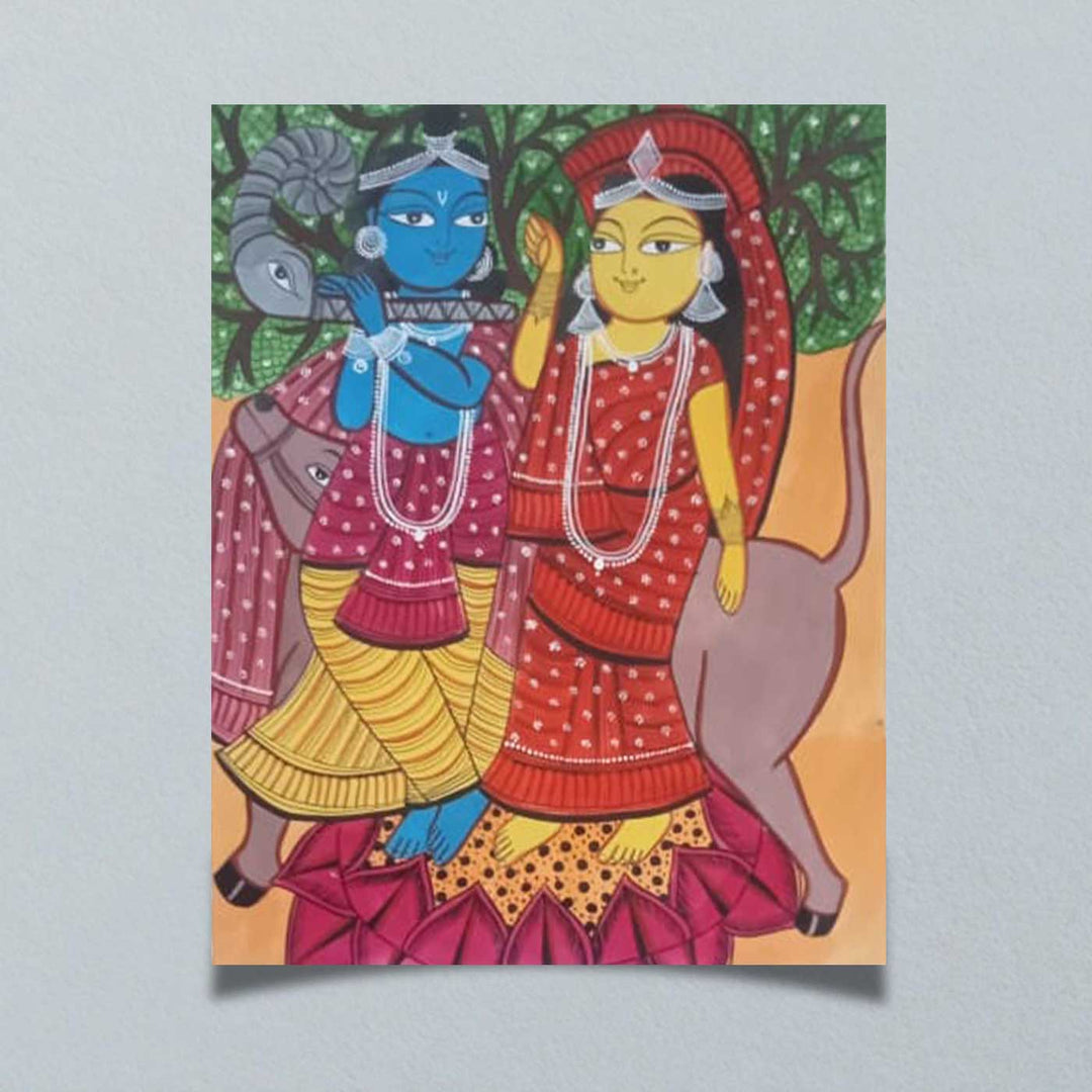14 x 22 Inch | Radha Krishna Love | Original Hand Painted Kalighat Painting | Natural Colors On Paper