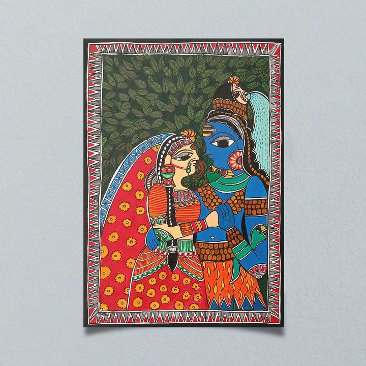 11 x 8 Inch | Shiv & Parwati Love | Original Hand Painted Madhubani Painting | Nib Ink On Paper