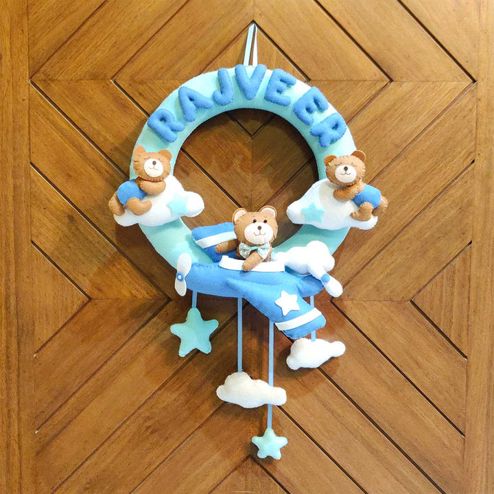 Personalized Handmade Teddy & Aeroplane Theme Felt Kids Name Plate
