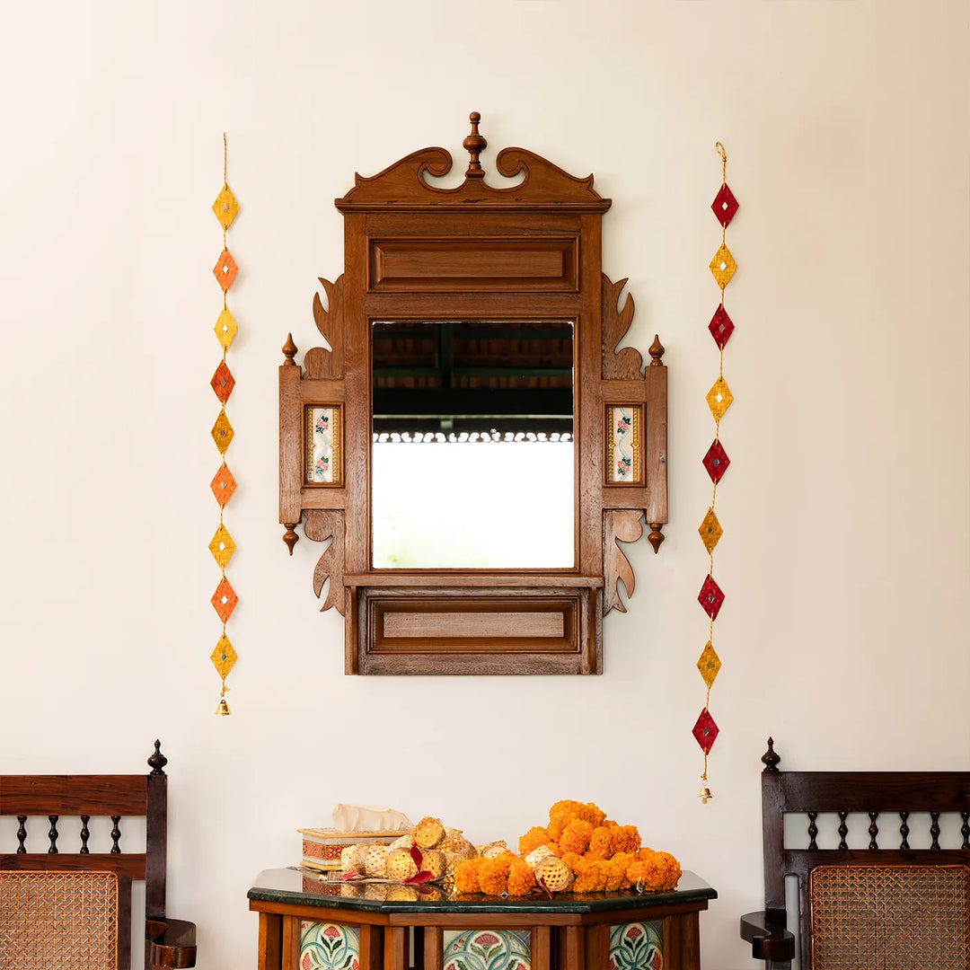 Mirror Embellished Eco-Friendly Handmade Woven Bamboo Hanging | 45 Inch x 2 Inch | Set Of 2