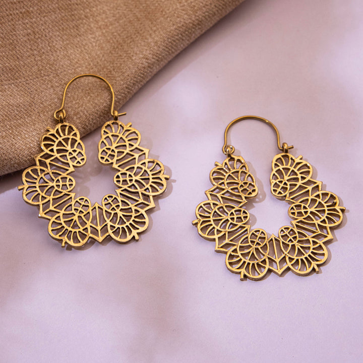 Handmade Brass Modern Hoop Earrings - Leafy Pattern