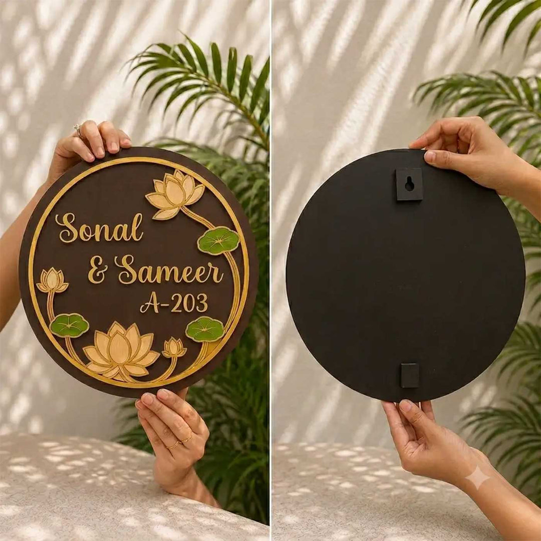 "Classic Lotus" Handcrafted Personalized MDF Wood Name Plate For Home