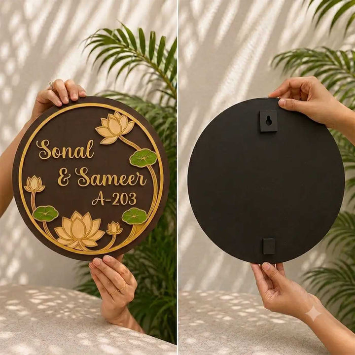 "Classic Lotus" Handcrafted Personalized MDF Wood Name Plate For Home