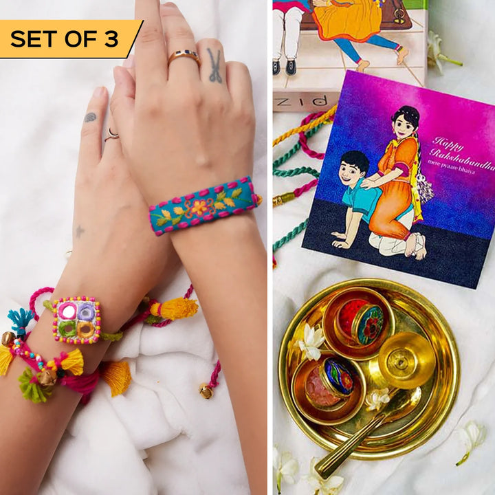 3 pc Rakhi + Brass Thali Set | Premium Twinky Embroidered Rakhi Set with Roli Chawal
