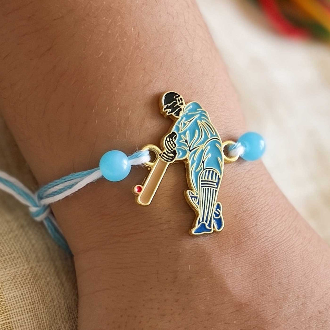 Engraved Little Cricket Champ Enamel Metal Charm Rakhi With Roli Chawal for Brother