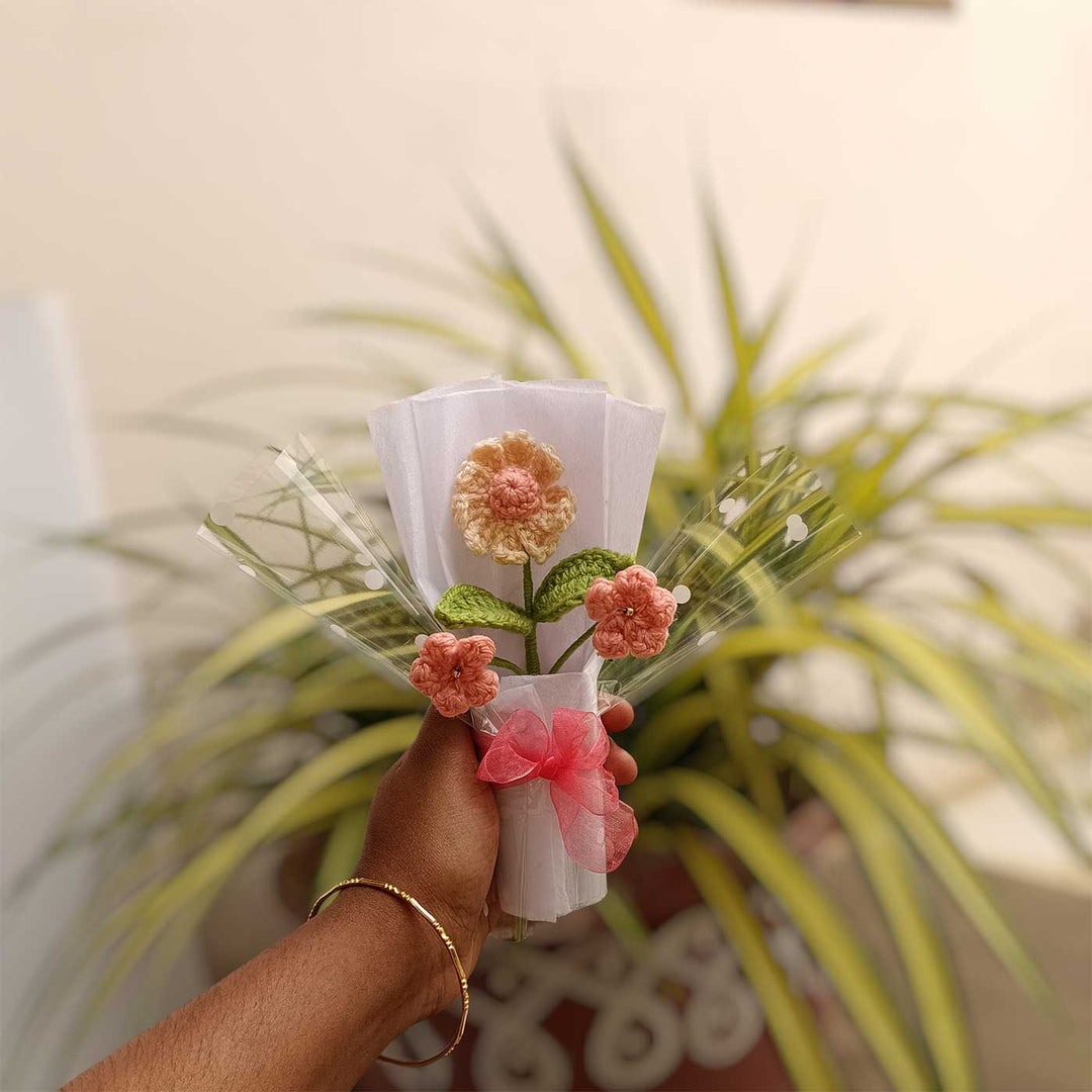 Handmade Crochet Cream & Peach Mini Flower Bouquet | Includes Photo & Greeting Card