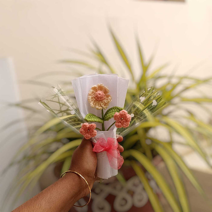 Handmade Crochet Cream & Peach Mini Flower Bouquet | Includes Photo & Greeting Card