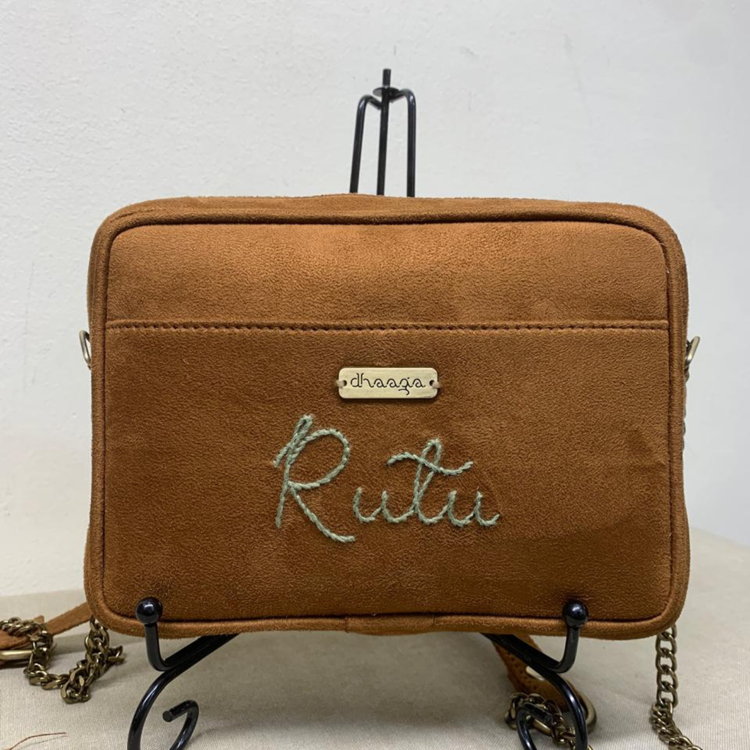 Personalized Embroidered Leafy Vegan Suede Sling Bag
