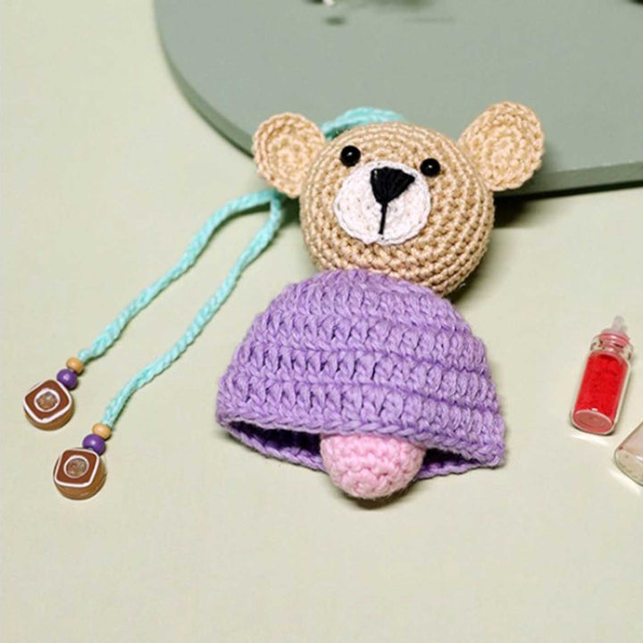 Handmade Crochet Teddy Hug Kids Lumba Rakhi With Roli Chawal - Front View with Accessories