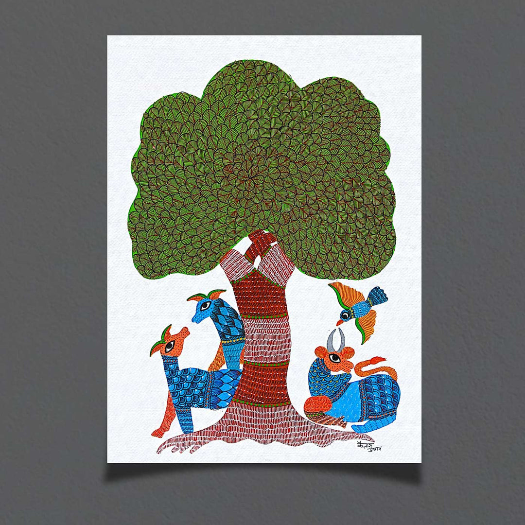11 x 15 Inch | Harmony Under Tree | Original Hand painted Tribal Gond Art Painting | Acrylic Paints On Paper