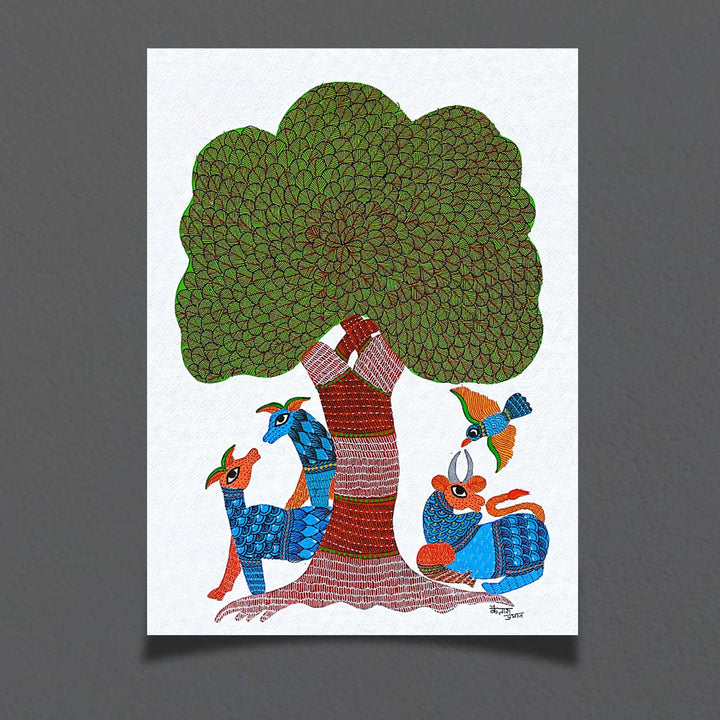 11 x 15 Inch | Harmony Under Tree | Original Hand painted Tribal Gond Art Painting | Acrylic Paints On Paper