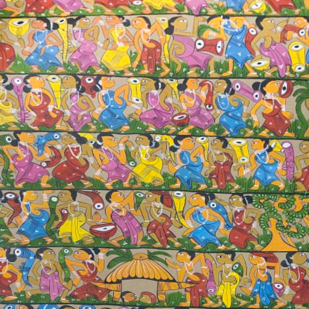 44 x 29 Inch | Ras Leela of Lord Krishna | Original Hand Painted Kalighat Painting | Natural Colors On Paper