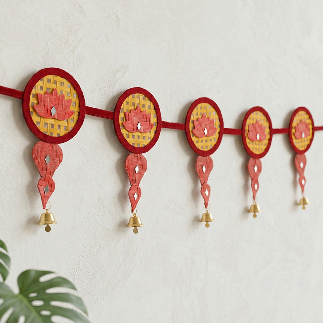 "Saroj" Handcrafted Lotus Bamboo Toran with Metal Bells for Festive Decor