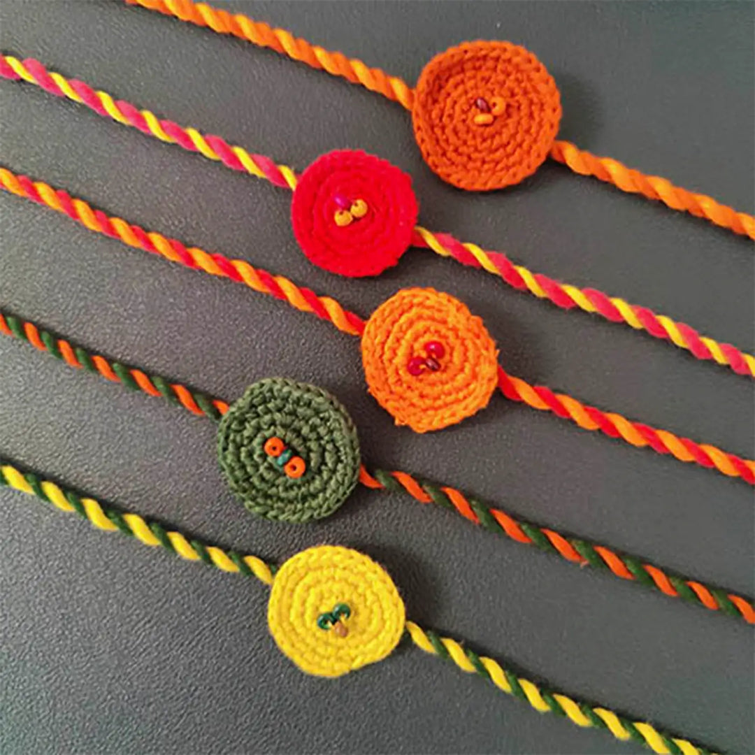 Handmade Crochet Beaded Round Rakhi With Roli Chawal