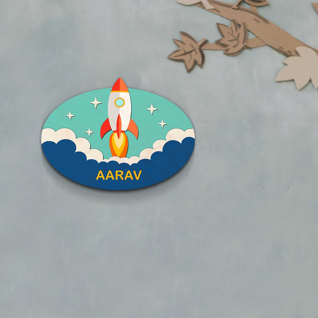 Personalised Rocket Theme 3D Oval Kids Nameplate