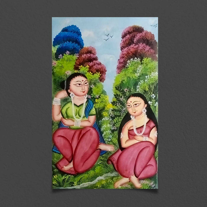 14 x 22 Inch | Ladies of the Land | Original Hand Painted Kalighat Painting | Natural Colors On Paper