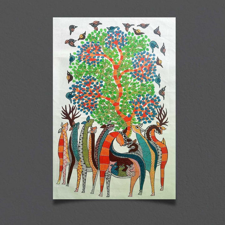 24 x 36 Inch | Giraffes & Tree | Original Hand Painted Tribal Gond Art Painting | Acrylic Paints On Paper