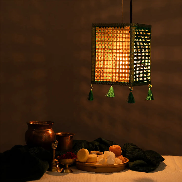 Golden & Green Zari Border Handmade Woven Bamboo Square Hanging Lampshade