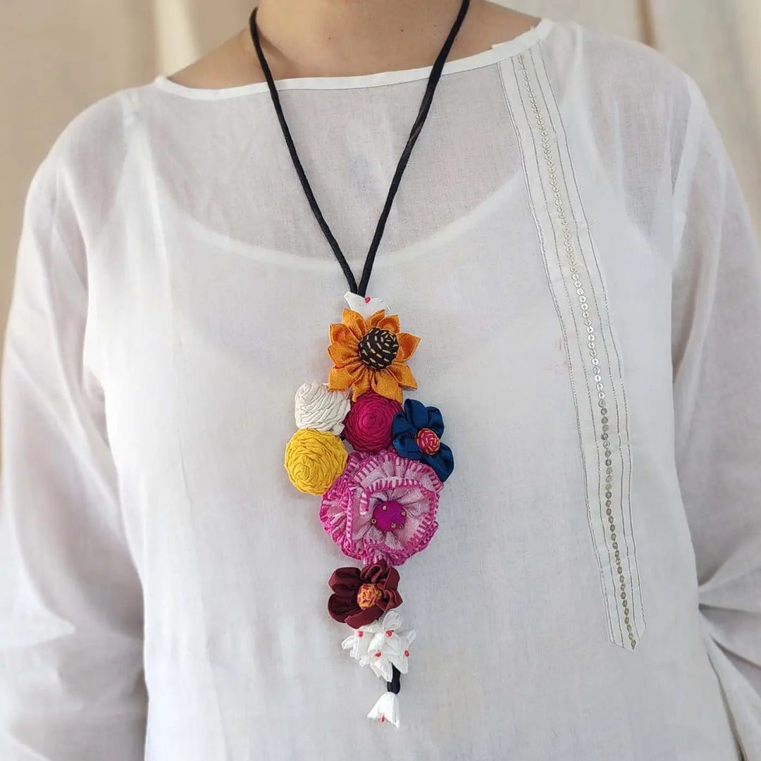 Handmade Textile Art Flowers & Dori Dupion Silk Fabric Necklace