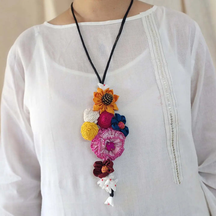 Handmade Textile Art Flowers & Dori Dupion Silk Fabric Necklace