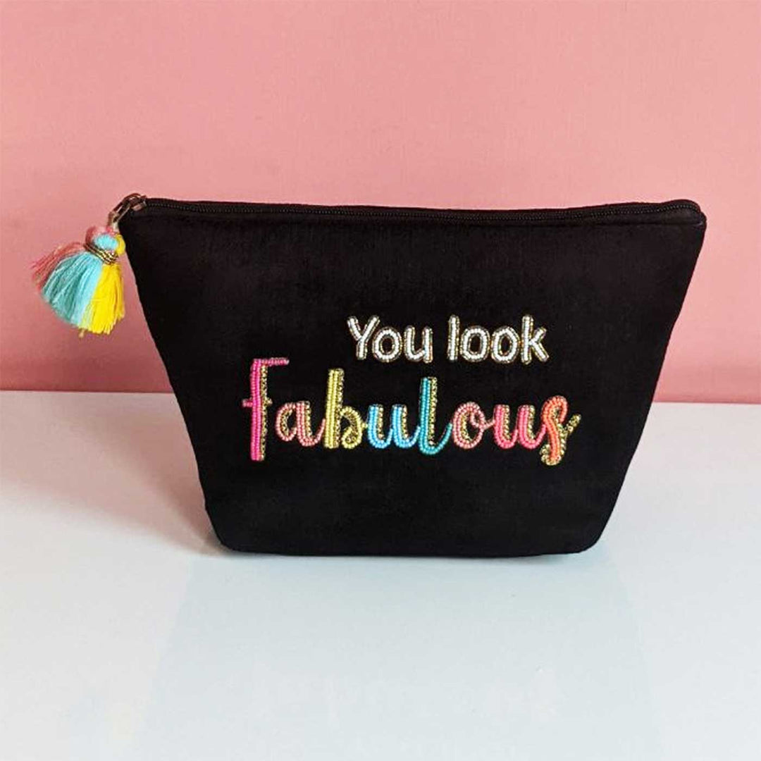 Handmade Embroidered You Look Fabulous Design Velvet Pouch