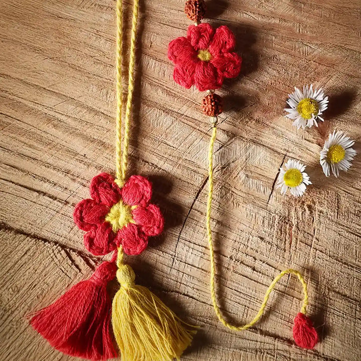 Handmade Crochet Red Flower Bhaiya Bhabhi Rakhi With Roli Chawal Set Of 2 - Floral Tassel Necklace with Daisies