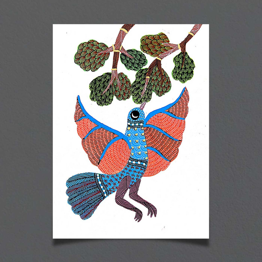 6 x 8 Inch | Bird Reaching Tree | Original Hand painted Tribal Gond Art Painting | Acrylic Paints On Paper