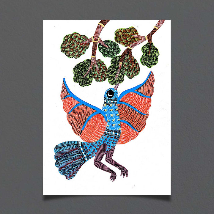 6 x 8 Inch | Bird Reaching Tree | Original Hand painted Tribal Gond Art Painting | Acrylic Paints On Paper