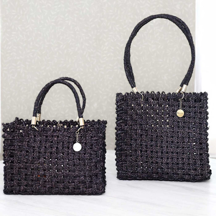 Handmade Grass Woven Vegan Wrapped Rope Handles With Metal Accents Sabai Mesh Handbag