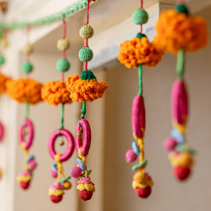 49 Inch | Intricate Realistic Crochet Marigold Pink Rings Design Cotton Toran