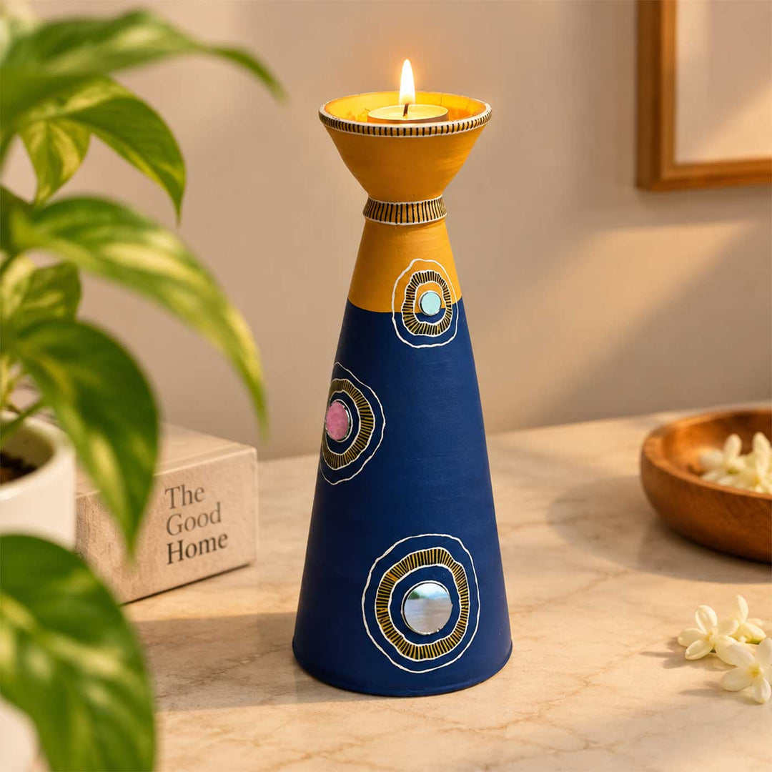 Blue Bloom Hand-Painted Terracotta Long Diya Tealight Holder For Festive Decor