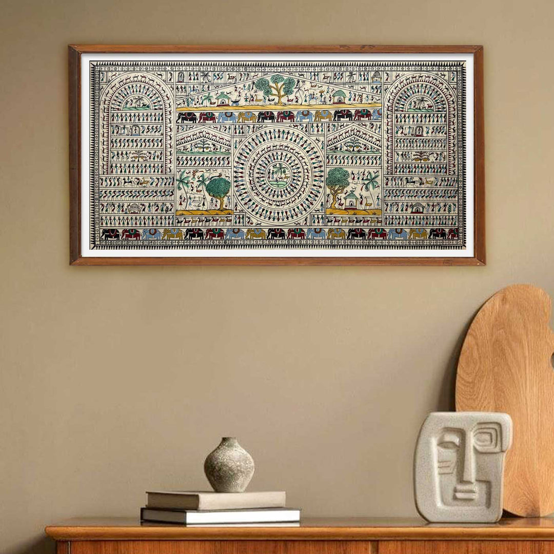 41 X 20 Inch | Handmade Tussar Silk Saura Mandala Painting