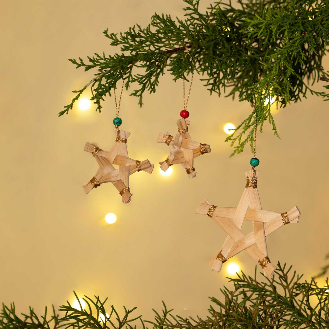 5 Pc | Handmade Banana Bark Star Hanging Christmas Ornaments