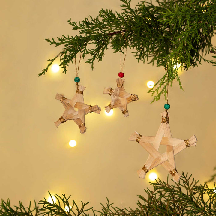 5 Pc | Handmade Banana Bark Star Hanging Christmas Ornaments